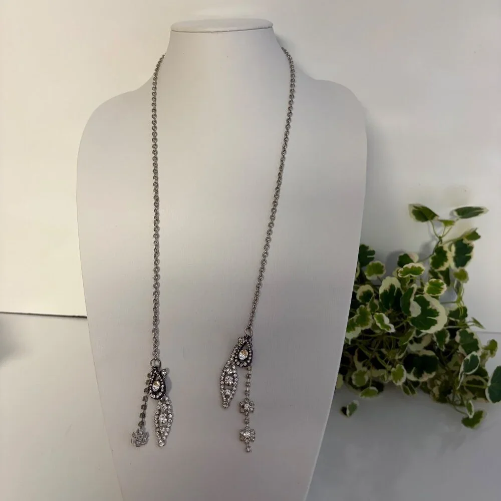 Silver-Tone Rhinestone Lariat Necklace Upcycled with Drop Pendants